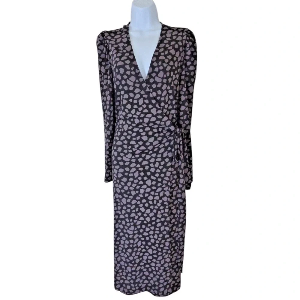 Ann Taylor Wrap Dress 14 Black/Gray Animal Print Midi Long Sleeve Stretch NWT‎